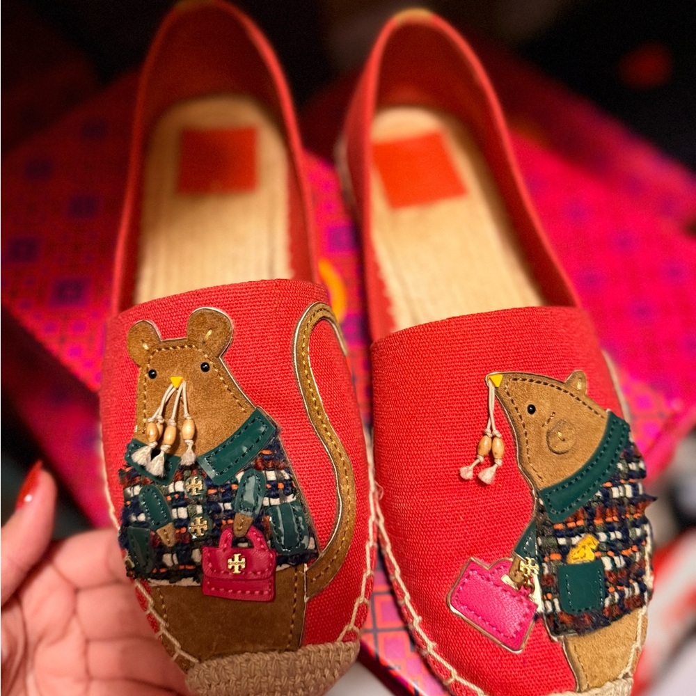 Tory Burch Red Mouse Embroidered Flats